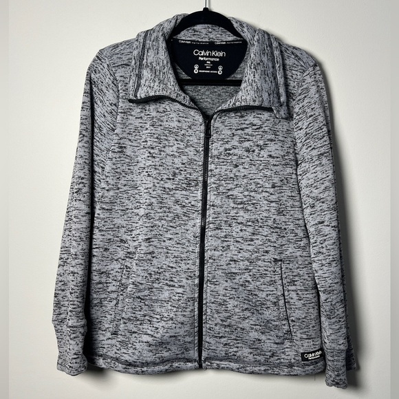 Calvin Klein Performance Full Zip Sweater Thumbholes Black Grey Warm - Picture 1 of 11
